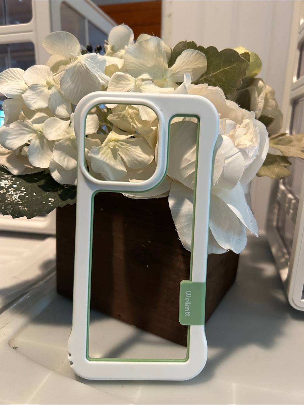 White and Light Green Protective Phone Case for iPhone 15 pro